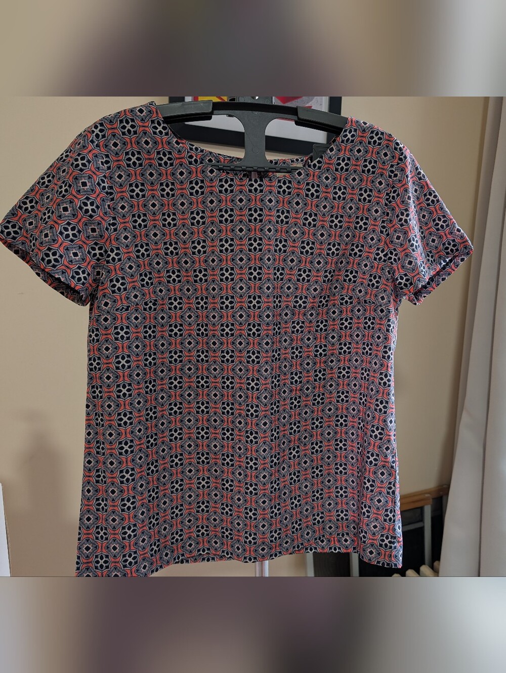 J. Crew Navy and Coral Geometric Print Blouse